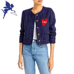 AQUA X TERRI ROSENTHAL Je T'aime Heart Patch Metallic Tweed Cropped Jacket